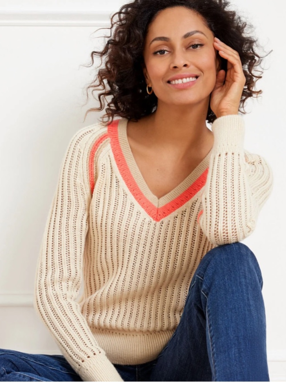NWT Talbots | Preppy Tipped Open Weave Knit V-Neck Sweater Cream Coral Tan Trim
